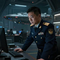 closeup of an asian space general in his uniform leaning towards his desk at the office with the futuristic shanghai spaceship hangar in the background, busy, dark, cyberpunk, moody, ambient lighting, syd mead, artgerm, artstation, octane render