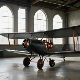 dark vintage biplane with copper equipment in a hanger with large victorian windows