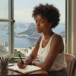portrait of a black brazilian girl studying by the window with Rio de Janeiro view, highly detailed, digital painting, artstation, concept art, smooth, sharp focus, illustration, art by artgerm and greg rutkowski and alphonse mucha