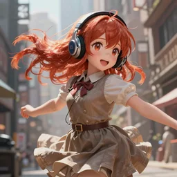 Very complicated dynamic composition, realistic anime style at Pixiv CGSociety by WLOP, ilya kuvshinov, Greg Rutkowski, trending on artstation. Zbrush sculpt colored, Octane render in Maya and Houdini VFX, cute young redhead girl in motion, she expressing joy, wearing dress, headphones, silky hair, stunning deep eyes. In cityscape. Very expressive and inspirational. Amazing textured brush strokes. Cinematic dramatic atmosphere, soft volumetric studio lighting.