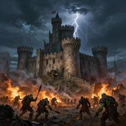 outside view of a medieval castle being attacked by orcs, night sky, volumetric shadow, thunderstorm, painted by greg rutkowski, orc warriors, battlefield, fire, ruins, smoke, extremely detailed, semirealism, artstation, octane render, sharpness, 8 k, golden ratio