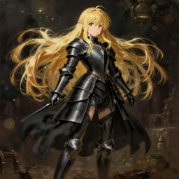 baroque oil painting japanese light novel cover illustration anime key visual full body action shot | young girl wearing black military crusader armoured maid with long flowing blonde hair | lotr gapmoe kuudere moody lighting stunning bokeh highlights sharp contrast | trending pixiv fanbox | by greg rutkowski makoto shinkai takashi takeuchi studio ghibli