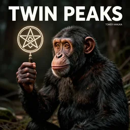 Twin Peaks movie poster artwork by Michael Whelan and Tomer Hanuka, Rendering of a chimpanzee being hypnotized by looking at masonic and kabbalistic symbols, from a scene from Twin Peaks, clean, full of detail, Matte painting, trending on artstation and unreal engine