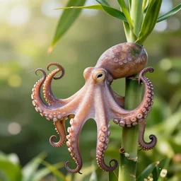 an octopus wrapping his tentacles around a lucky bamboo plant outdoors in the sun