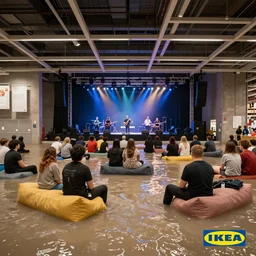 4 k sony wide angle photo, interior photo of ikea, flooded with water everywhere, with a rock concert in the center and a large audience of people sitting on floating furniture, with concert lighting