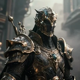 a sci fi close up portrait of a shadow mage with massive metal ornaments protruding from armor, majestic and futuristic, high detail, futuristic medieval, ornate metal, unreal engine, octane render, art by vitaly bulgarov artstation, art by daytoner artstation, destiny concept art, fog volumes, depth of field, post processing, cgsociety
