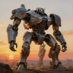 epic painting of a realistic four - legged battle robot, sunset, detailed science fiction artwork, trending on artstation