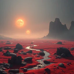a realistic detailed photo of desert landscape, alien rocks, red rain, water, alien landscape, two suns, foggy landscape, light particles, detailed light, epic, cinematic, realistic shaders, trending on realism, detailed textures, detailed, realistic.