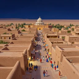 view of a merchant street intersection in a kasbah, simple adobe houses, dense pueblo architecture, colorful crowd, huge temple in the background with a round roof, at night, stars visible in the sky, set in the nevada desert, flat desert, clean horizon no mountains, Detailed matte painting by craig mullins and thomas kinkade and james gurney trending on artstation-W 832