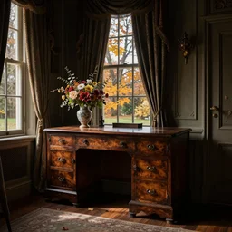 an old wooden desk with a flower vase, in a richly decorated Victorian house. the autumn light comes in through a window and dimly illuminates the room, diffuse light, octane render