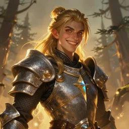 detailed fantasy character illustration of a smirking paladin warrior surrounded by warm light, pine trees in background, close - up, trending on artstation, digital art ( by jesper ejsing ) ( by clint cearley ) ( by raluca marinescu )