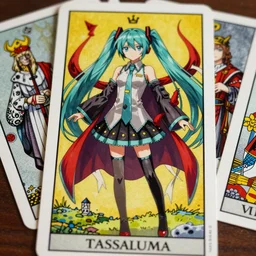 hatsune miku, intricate, amazing line work, colorful, tarot cards, the devil tarot card