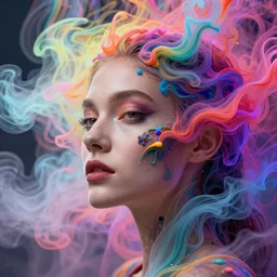 a beautiful woman engulfed in colorful liquid smoke and neon clouds, a colorful psychedelic experience, dmt, lsd, face, delicate, highly detailed, artstation, concept art, smooth, sharp focus, illustration, digital art by hana yata, and artem demura and beeple, alphonse mucha, lisa frank, octane render, unreal engine, 8 k, glitch art