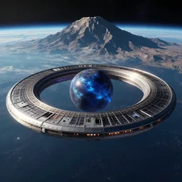 intergalactic stargate portal on a planet with a mountain in the background by jim burns