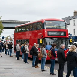 a crowd of people waiting a red two floors bus in ireland next to a bridge, overcast light