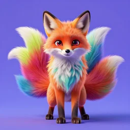 3 d model of a beautiful vibrant colored multi - tailed anthropomorphic fox with long fur and large eyes by leesha hannigan and alexander jansson : 1 | centered, colorful, matte background : 0. 9 | by jim henson : 0. 7 | dave melvin : 0. 4 | unreal engine, deviantart, artstation, octane, finalrender, concept art, hd, 8 k resolution : 0. 8