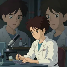 a very dull interior shot still from ponyo ( 2 0 0 8 ) of a young skinny scientist alone in his lab. close up on the faces, perfect art, grimdark, trending on pixiv fanbox, painted by studio ghibli