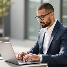 a man wearing a suit working with a laptop, short hair, glasses, beard, sunny day, photography, highly defined features, hdr,