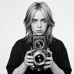 photo of Billie Eilish by Diane Arbus, black and white, high contrast, Rolleiflex, 55mm f/4 lens