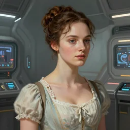 scene from the futuristic remake of Pride and Prejudice, atompunk aesthetics, scifi, highly detailed portrait, digital painting, artstation, concept art, smooth, sharp foccus ilustration, Artstation HQ.