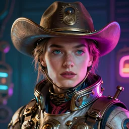 a head and shoulders portrait of a space cowboy, neon, retro, steampunk, smooth, sharp focus, intricate, artstation, detailed concept art by Rutkowski and Mucha and sky sewa and Marc Simonetti