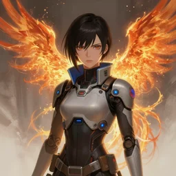 a portrait of leeloo a cyberpunk netrunner wearing a hadron collider, in the background a burning phoenix emerges from another world behind her shoulder, fantasy, elegant, digital painting, artstation, sakuga anime, concept art, matte, sharp focus, illustration, art by josan gonzalez