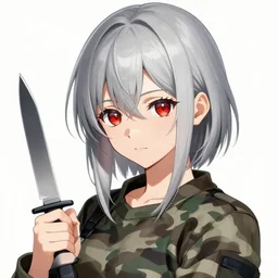 silver hair girl ruby eyes, holding a knife, multicam camo, cinematic portrait, ilustration by Takehiko Inoue
