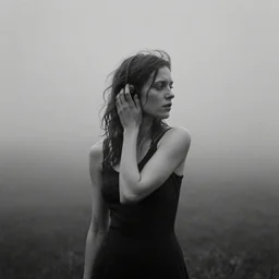 award winning photo of some nostalgia as terrence malick would depict it, she is 2 3, skinny and beautiful and listens to oathbreaker, she is deaf but lives out of time, black and white, the background is pure vengeance, insanely detailed, foggy like in norwegian black metal aesthetic