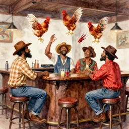 a rowdy watercolor of men gatecrashing a bar, barstool and chickens flying through air, smooth, sharp focus, black men, rednecks, deep south, piano, ultrarealistic, intricate, art by dean cornwell and alphonse mucha, paint splatters, artstation, octane render, sharp focus, cinematic, dynamic volumetric lighting by delphin enjolras
