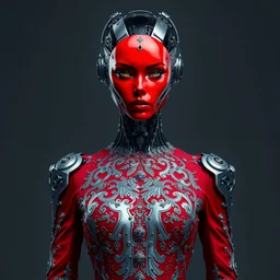 portrait of beautiful female robot super model wearing a detailed gucci dress red colour, perfect symmetrical pose, sharp, by irakli nadar with intricate detailed wearing silver victorian dress designed by alexander mcqueen and rocky gathercole, haunting, elite, elegant, ruan jia, dark, hyper detailed, concept art, intricate, detailed