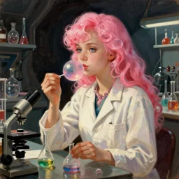 realistic retro colored illustration of princess bubblegum by junji ito, with pink hair made of bubblegum, confident scientist performing experiments in her lab, dark retro pulp sci - fi