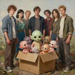 a group of people standing around a cardboard box full of tentacled alien babies, an ultrafine detailed painting by john philip falter, shutterstock, american scene painting, movie still, poster art