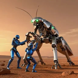 3 humanoid blue metallic robote repairing a giant mechanical futuristic silver metallic mantis robot with glowing green lamps on the surface of mars with sunset, hyperdetailed, realistic