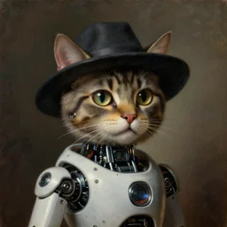 a futuristic robotic cat wearing a hat, oil painting, atmospheric lighting, highly detailed rembrandt van rijn, aert de gelder, esaias van de velde