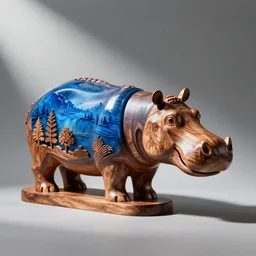 hippopotamus, wood art, blue!! epoxy resin, sculpture, wood carving, wood sculpture, wood art, wooden decoration, hand made, wooden hippo, studio lighting