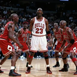 still from thriller music video with michael jordan singing in the middle wearing chicago bulls uniform and zombie dancers