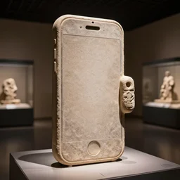ancient history museum exhibition showing the first ever iphone made out of stone, 4 k, professional photography