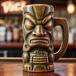 a closeup photorealistic photograph of a star wars themed tiki mug at at a trader vic's bar the mug handle is emblem themed. tiki theme. bright scene. fine detail. this 4 k hd image is trending on artstation, featured on behance, well - rendered, extra crisp, features intricate detail, epic composition and the style of unreal engine.