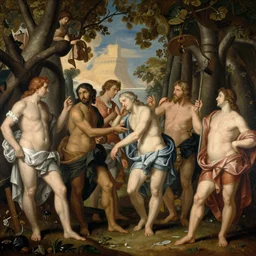 A bunch of giant humans under trees, baroque style.