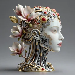 complex 3d render ultra detailed of a beautiful porcelain profile woman face, mechanical cyborg, 150 mm, beautiful studio spotlight, rim light, silver gold red details, fine filigran foliage lace, magnolia big leaves and stems, roots, mesh wire, Alexander Mcqueen haute couture, luxurious, intricate details, hyper realistic, mandelbrot fractal, anatomical, facial muscles, cable wires, microchip, elegant, octane render, H.R. Giger style, 8k