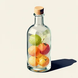 ( ( dither ) ), editorial illustration portrait of an isometric etched glass drinking bottle filled fruit, modern art deco, ( ( mads berg ) ), christopher balaskas, victo ngai, rich grainy texture, detailed, dynamic composition, wide angle, matte print, art nouveau, unreal engine