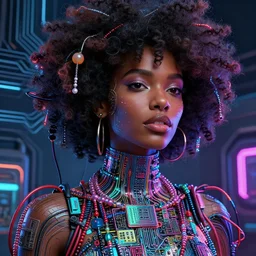 a cyberpunk mulatto beauty queen, by wlop, by justin bua, motherboard, circuitry, wires, neon lights, beads, curly afro, micro detail, octane render, sci - fi, intricate, 8 k, cgsociety