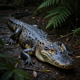 werecreature consisting of a alligator and a human, werealligator, photograph captured in a dark forest