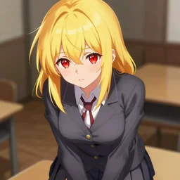 advanced digital anime art, female teen with red eyes and blonde / yellow hair that is to neck length wearing a dark grey school outfit seducing you. drawn by Shikamimi, WLOP,rossdraws