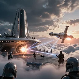 still image screenshot bespin cloud city is under attack, empire strikes back, badass action scene with laser explosions and sparks, from the tv show mandalorian on disney +, scene in front of a strange building, moody cloudy volumetric lightm imperial invading beautiful cloud planet, backlit sunset, anamorphic lens, 3 5 mm film kodak 1 9 8 0 s