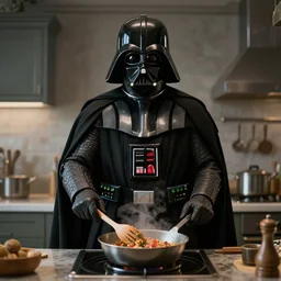 Darth Vader cooking in the kitchen, award-winning, highly-detailed, epic, cinematic