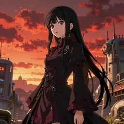 1 7 - year - old anime goth girl, black hair, long bob cut, long bangs, gothic coat, golden hour, partly cloudy sky, red clouds, orange sky, old town, futuristic old town, strong lighting, strong shadows, vivid hues, ultra - realistic, sharp details, subsurface scattering, intricate details, hd anime, 2 0 1 9 anime