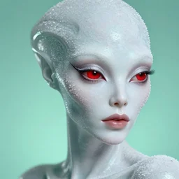 facial portrait of a sensual gelatin female alien with white powder makeup, red eyes, sugar crystals skin, mint background, deep focus, intricate, elegant, highly detailed, photo, 8 0 s, artstation, 8 k, sharp focus, subsurface scattering, global illumination, radiant