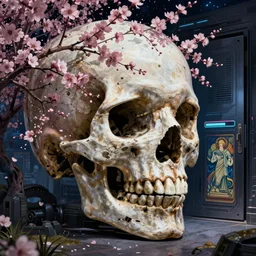cyberpunk skull merged with thousand cherries night sky art moebius alphonse mucha futuristic hi-tech details door in background loading screen