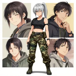 girl, silver hair (ponytail), (((winking))), multicam (camo), (trending on artstation), (detailed), cinematic full body shot, ilustration by Takehiko Inoue (((and Yoann Lossel))) (((((and Yoji Shinkawa)))))